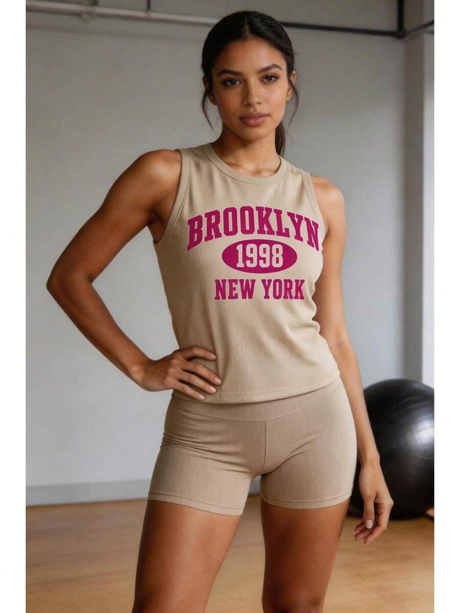 Conjunto deportivo estilo americano para mujer, algodón suave con estampado de letras, corte ajustado sin mangas, primavera verano, ideal para fitness, yoga y casa - Caqui - Ver 1