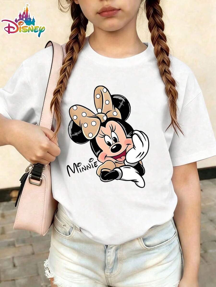 [Official Disney Minnie Mouse T-Shirt] Cute Cartoon Short-Sleeved Top For Girls, Polka Dot And Bow Minnie Mouse, Perfect For Summer Casual Wear. - trắng - Xem 1