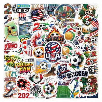 50 miếng dán hình World Cup 2026, hình ảnh đội tuyển Mỹ, Canada, Mexico, thích hợp trang trí sinh nhật, chống thấm nước, dùng cho bình nước, máy tính, laptop, điện thoại, hành lý, sổ tay, tủ lạnh.