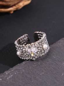 1pc Elegant Minimalist Fashion Delicate Elegant Heart-Shaped Rhinestone Pearl Wide Band Silver Women's Ring, Suitable For Daily, Commute, Holiday Party Wear - Multicolor - View 5