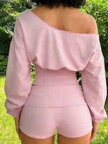 2pcs Women Casual Sports Set, Shorts And Long Sleeve Top, Streetwear Style For Daily Wear Spring - 粉色 - 查看 2