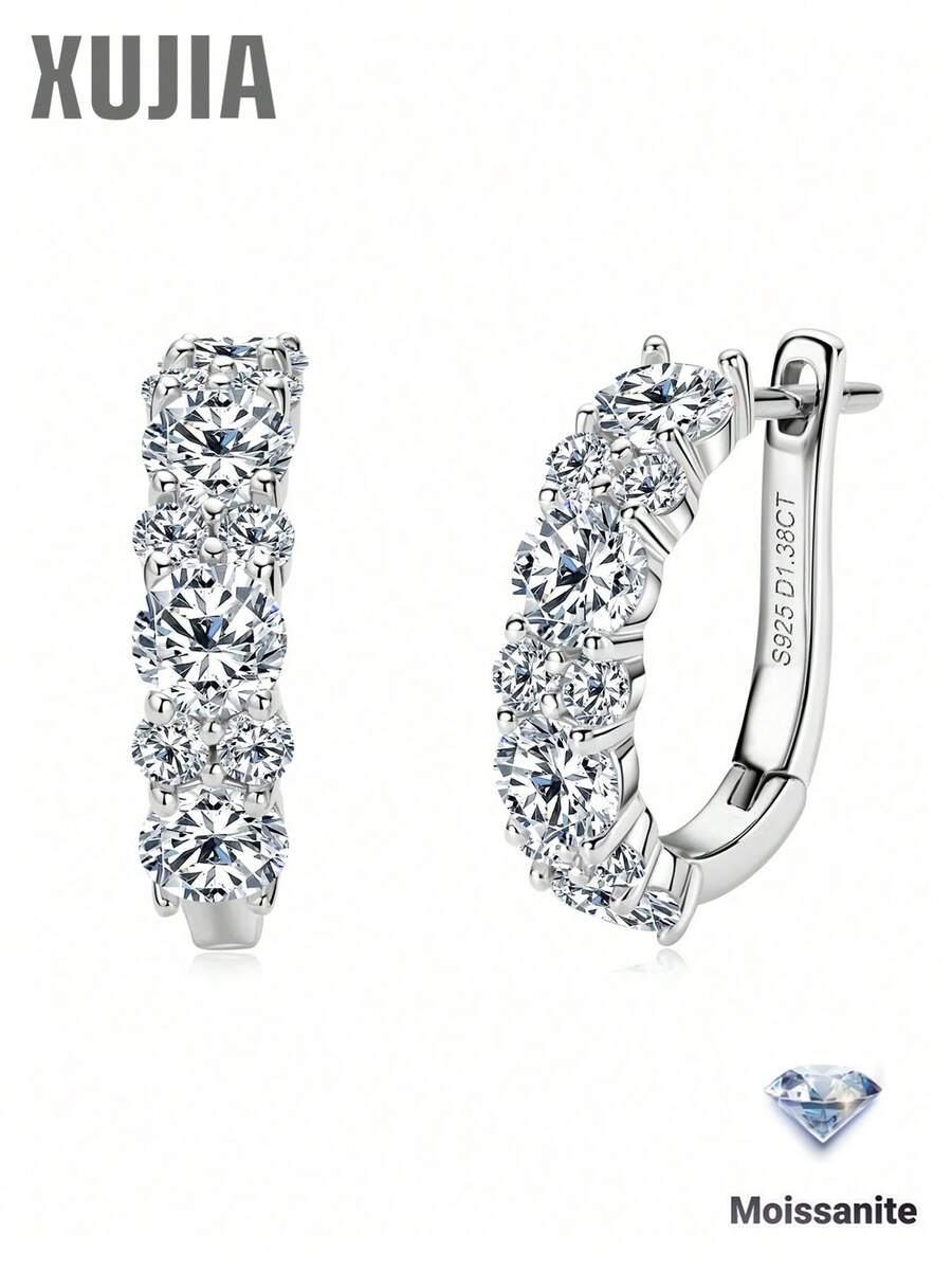 XUJIA 1對 (1.38ct+1.38ct) 莫桑石耳環 女款 925純銀 4mm&2mm 圓形莫桑石環狀耳環 時尚耳環首飾禮物 - 銀色 - 查看 1