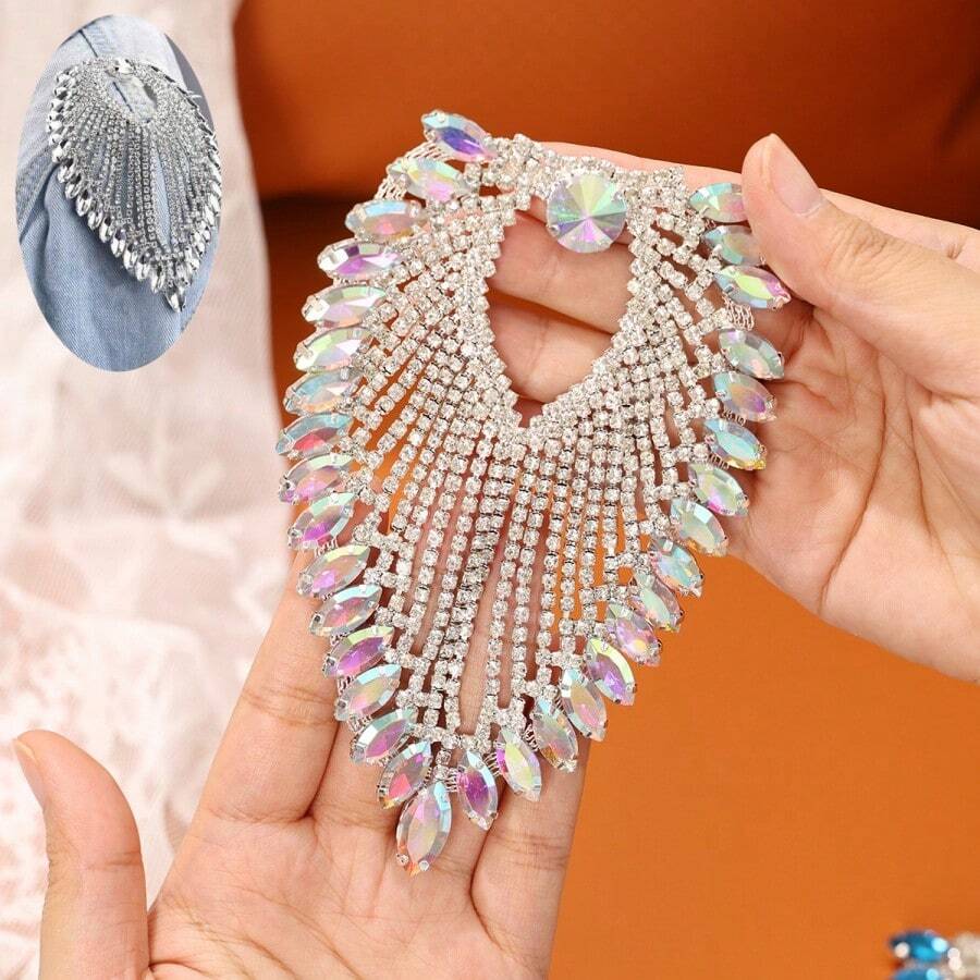 1pc 8.5x13cm Oval Claw Chain Crystal Tassel Decor - Sewing Crystal Applique DIY Craft Bridal Decoration Accessory For Women