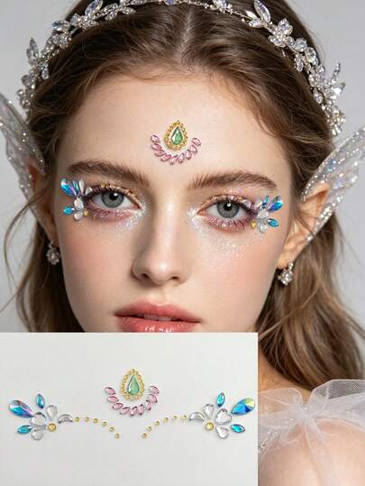 1颗全息水滴形面部宝石，绿色水滴形水钻+粉紫色花瓣+珠光宝石，防水持久，适合仙女、汉服、音乐节妆容装饰