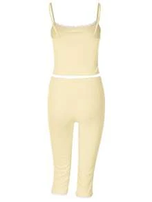 Women's Summer Ribbed Lace Patchwork Bowknot Cropped Camisole And Pants 2 Pieces Fitted Sexy Outfit - Light Yellow - View 5