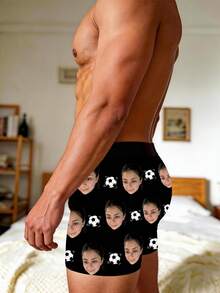 1pc Men's Custom Face & Football Print Black Breathable Elastic Comfortable Novelty Boxer Briefs, Suitable For Football Fans And Daily Wear - Multicolor - View 4