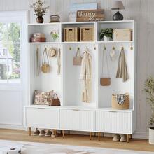 Árbol de entrada ahorrador de espacio con banco y almacenamiento – Perchero de 74 pulgadas, 4 ganchos dorados, patas de metal, organizador de zapatos – Mueble moderno para recibidor o sala de estar – Blanco - Blanco - Ver 5