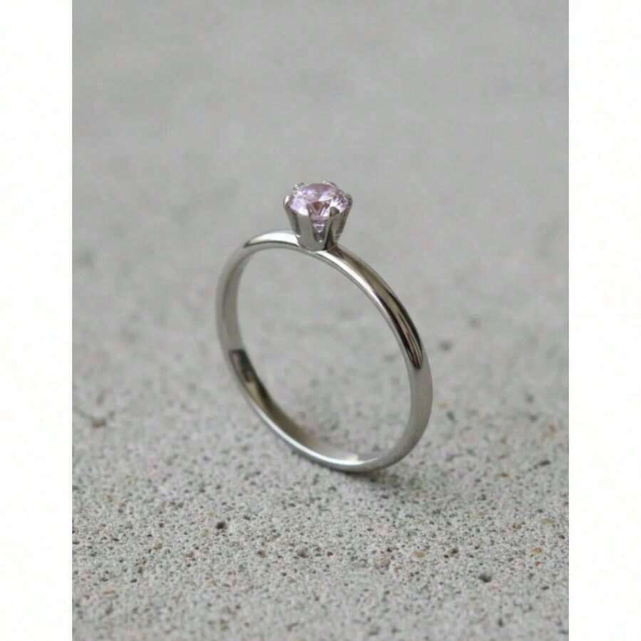 Stainless Steel Ring In Silver Solitaire With Colored Zirconia Stone, 4mm, For Graduation Or Debutante Parties. - Pink - View 1