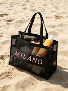 MILANO 印花透明網眼托特包套組，黑色透明網眼海灘包附拉鍊收納袋，大容量透氣旅行收納包，適用於化妝品、盥洗用品和海灘用品，適合海灘旅行、游泳、旅行、健身、購物和日常使用，適合女性、女孩、旅行者和美容愛好者，夏季假期、生日和節日禮物，可用作托特包、海灘包、旅行收納包和化妝包 - 彩色 - 查看 3