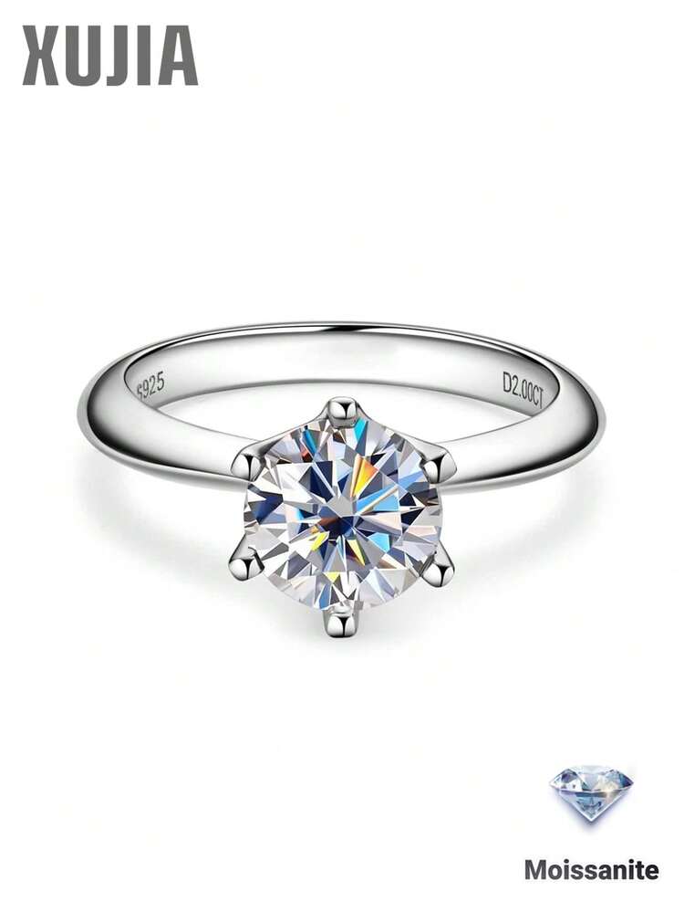XUJIA 1pc 2 Carat Moissanite Ring, Women's Style, D Color, VVS1 Clarity, 8mm Round, Perfectly Cut, 925 Sterling Silver Classic 6-Prong Setting, Silver Anniversary Ring, Wedding Anniversary Gift, Women's Jewelry Gift