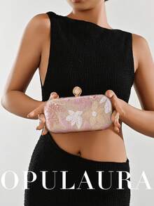 OpulAura 1pc Pink Sequin Embroidered Floral Elegant Clutch Bag, Suitable For Formal Occasions, Fashion Women's Clutch With Clasp Closure, Applicable For Women's Wedding/Gala, Banquet, Ball, Party And Other Events. Pattern Randomly Cut. - Pink - View 8