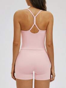 NcmRyu Conjunto feminino esportivo de cor sólida, composto por regata justa com alças finas e costas cruzadas. - Rosa - Ver 2