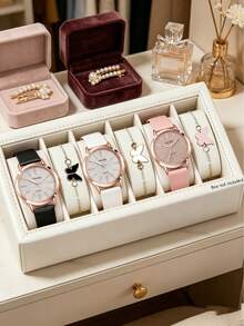 Set de 6 relojes de cuarzo minimalistas - Negro, Blanco y Rosa, con pulsera a juego con estampado de mariposa - Multicolor - Ver 9