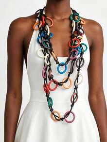 MARLIWOO 1pc Vintage Handmade Hollow Round Pendant Necklace, Bohemian Style Multi-Layer Long Exaggerated Personalized Jewelry For Women - Multicolor - View 1
