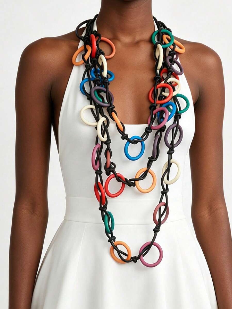 MARLIWOO 1pc Vintage Handmade Hollow Round Pendant Necklace, Bohemian Style Multi-Layer Long Exaggerated Personalized Jewelry For Women - Multicolor - View 1