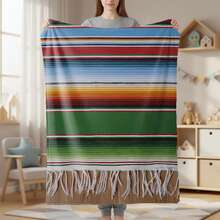 Soft Mexican Stripe Flannel Blanket - Vibrant Multi-Color Traditional Design With Tassels, Lightweight Plush, Suitable For Sofa Napping, Chair Shawl, Car, Outdoor Use - Durable, Stain-Resistant, Machine Washable - 如圖所示 - 查看 2