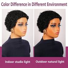1pc 4-Inch Brazilian Remy Afro Kinky Curly Wig, Full Lace, 1B Color, Natural Looking | 200% Density Short Pixie Cut Human Hair Wig, Glueless Rose Net Cap, Suitable For Daily, Festival, Party And Everyday Styling - Natural Black - View 13