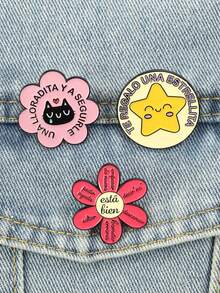 3pcs Inspirational Spanish Enamel Brooch Set, Motivational Flower & Star Pattern Badges, Fashion Accessories, Gift For Friends - Multicolor - View 5