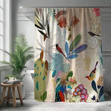 1pc 2D Flat Floral And Bird Pattern Colorful Shower Curtain, Modern Fabric Bathroom Decor, Waterproof Polyester Fiber, Vivid Natural Artwork, Unique Accessory, Easy To Clean, Eye-Catching Home Decoration, Elegant Pattern Aesthetic - Multicolor - View 8