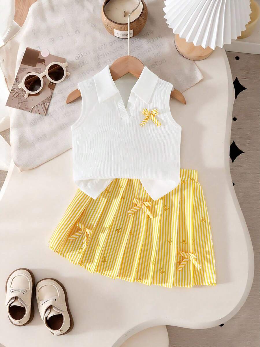Conjunto de 2 piezas de top de punto acanalado de cuello en V blanco + falda con estampado de lazo a rayas verticales para niñas, adecuado para uso diario, actividades al aire libre y eventos, primavera/verano - Amarillo - View 1