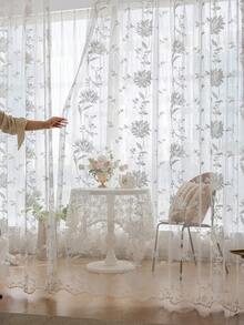 1 rèm voan trắng thêu hoa kiểu Pháp - Chất liệu polyester, kiểu may túi luồn thanh treo, dệt, có thể giặt máy, ủi ở nhiệt độ thấp, không có lớp lót, phù hợp cho mọi mùa, thích hợp cho cửa sổ nhà bếp, kệ sách, khu vực quán cà phê - Phong cách trang trại - Nhiều màu - Xem 3