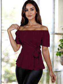 Blusa Hombro Descubierto Cinturón Casual De Moda ZTSO - Burdeos - Ver 12