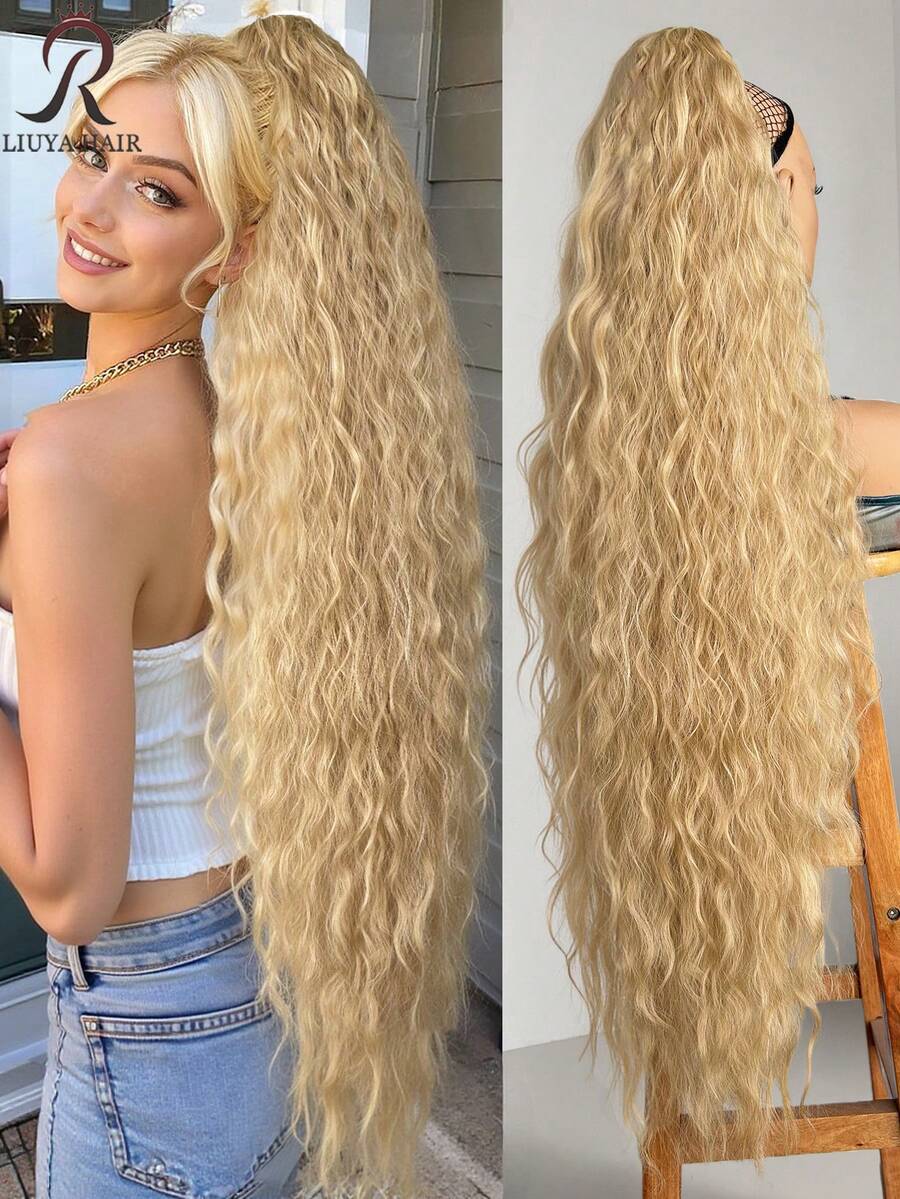 36 Inch Long Lightweight Fully Natural Curly Ponytail Wig, Black Color Soft Multi-Layer Drawstring Synthetic Hair Ponytail Extension For Women