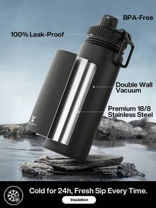 Bình nước thể thao cách nhiệt bằng thép không gỉ 18oz có nắp ống hút và tay cầm, miệng rộng, hai lớp chống rò rỉ, giữ lạnh 24 giờ, giữ nóng 12 giờ. - 18oz Đen - Xem 3