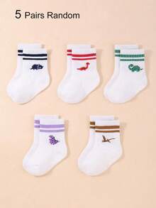 1/5 Pairs Random Color Dinosaur Mid-Calf Socks, Striped & Animal Pattern, Summer Essential, Fun Socks, Beach Summer, Newborn Baby Essential - Multicolor - View 9