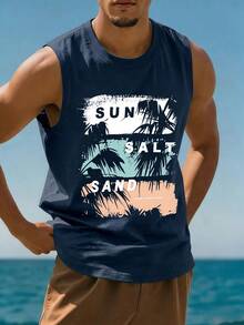 1 pieza Camiseta de tirantes de hombre de verano casual con estampado de bloques de color de árbol de coco - Azul Marino - Ver 2