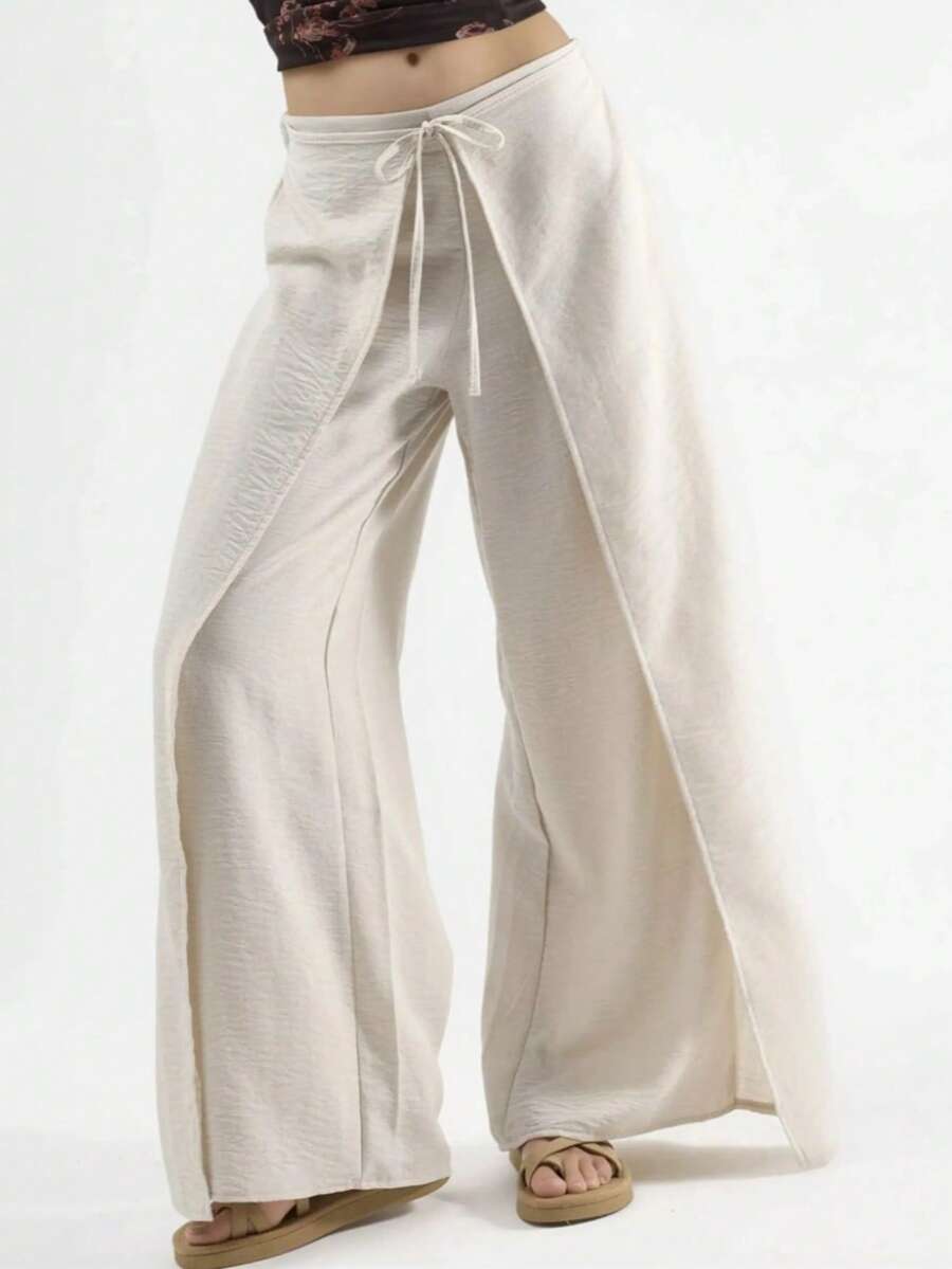 Women's Casual Beige Wide Leg Pant Wrap Detailed - Beige - View 1