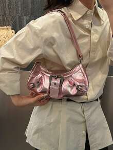 1 pièce Sac à bandoulière femme rétro punk avec rivets décoratifs, grande capacité, souple et dégradé. Réglable à l'épaule, convient pour le travail, les déplacements, les sorties et les fêtes - Or rose - Voir 4