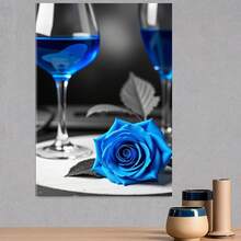 Cuadro Decorativo 2D Plano, 1 pieza, Rosas Azules y Vino en Still Life - Estilo Moderno Rústico Azul Marino, Pintura de Rosas y Copas de Vino, Impresión Enmarcada con Galería, Listo para Colgar, Decoración Interior/Exterior para Dormitorio, Sala de Estar, Oficina - Decoración Elegante para el Hogar, Tema Floral y de Vino Sofisticado, Lienzos Decorativos, Decoración Rústica para el Hogar, Decoración de Habitación, Decoración de Pared, Decoración de Playa, Decoración Cottagecore - Enmarcado - Ver 3
