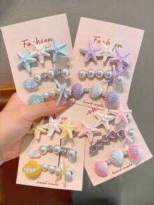 3pcs Girls' Colorful Sweet Fresh Spring Starfish, Pearl, Shell Hair Clips, Vacation Style Bangs Clips - Multicolor - View 2