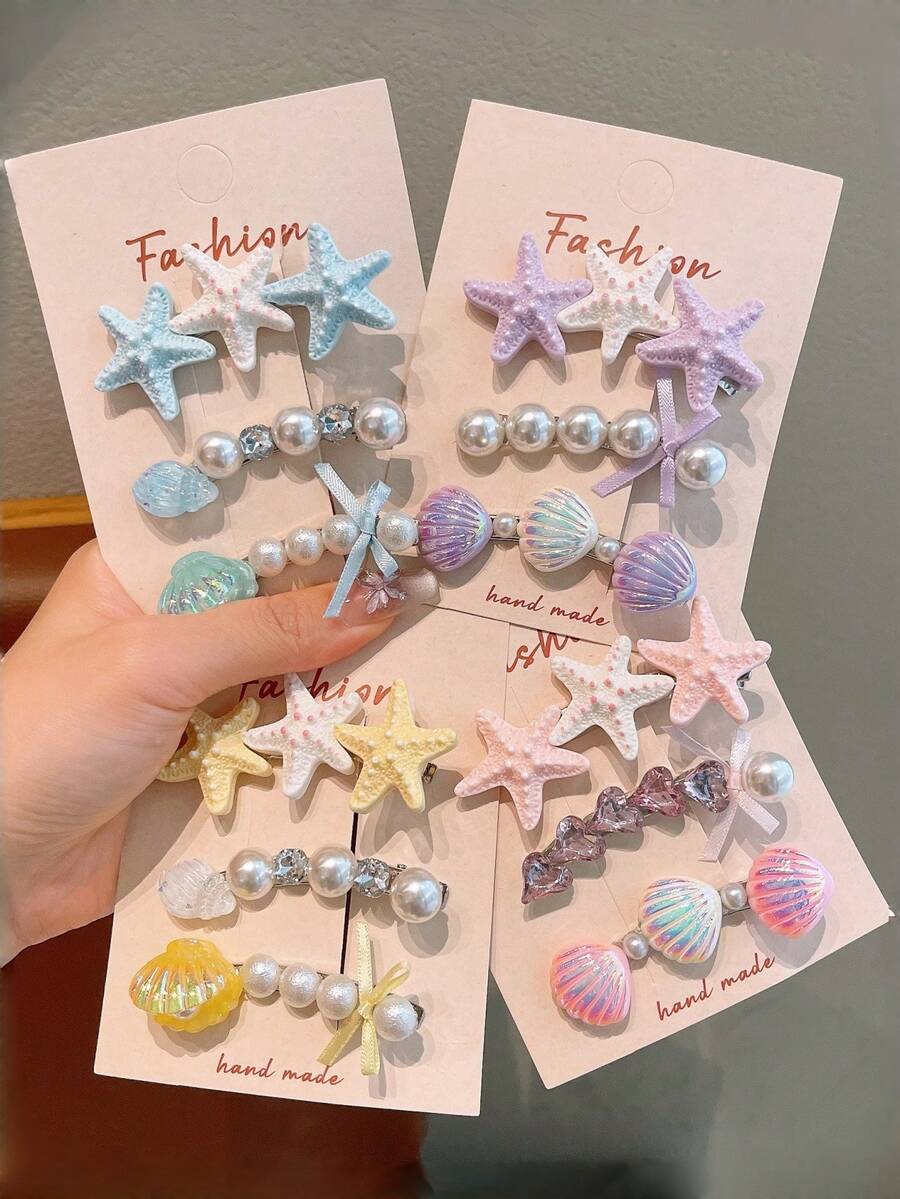 3pcs Girls' Colorful Sweet Fresh Spring Starfish, Pearl, Shell Hair Clips, Vacation Style Bangs Clips