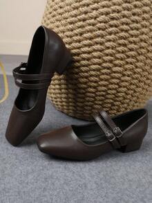 Women's 3cm Cloth Covered Heel Fashionable Versatile White Mary Jane Pumps, Suitable For All Seasons - Brown - View 3