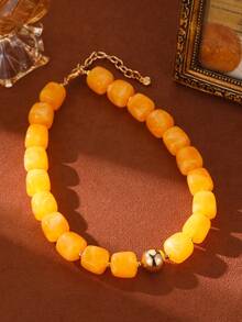 1/6 pièces Collier de perles carrées épaisses en PMMA de style bohème, pour femmes, vacances d'été/tenue de fête, cadeau de bijoux de mode pour la famille et les amis - Collier carré à perles dorées - Voir 19