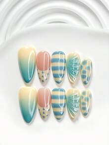 10 Pcs Fresh Summer Seaside Style Handmade Nail Art Set,Polygel Nail Set,Nude-Pink Base Paired With Yellow-To-Blue Gradient And Stripes, Hand-Painted 3D Seashell Patterns, Hand-Painted Polka Dots Nail Art Decorations, Pink, Yellow, Blue Nail Polish,Seaside Resort Style - Nhiều màu - Xem 12