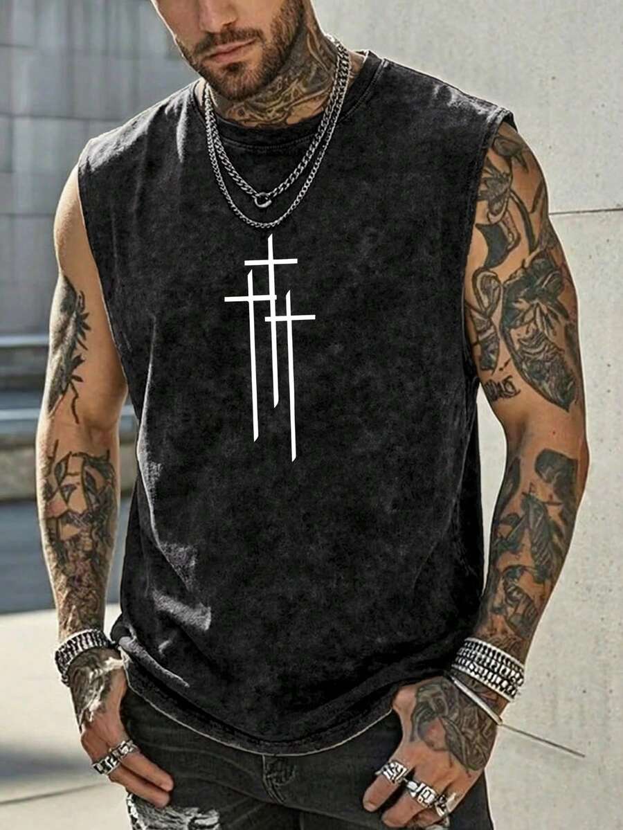 Men's Retro Minimalist Cross Print Washed Tank Top, Comfortable & Breathable, Suitable For Summer, Leading Fashion - Black - View 1