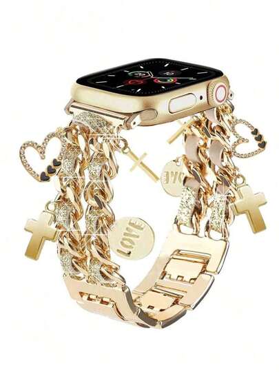 1pc Fashionable Metal Watch Band, Compatible With Apple Watch's Default Standard Size. Please Do Not Place An Order If You Mind. With A Delicate Shiny Leather Cord And A Hollow Heart Pendant Metal Band, Suitable As A Gift For Friends (Band Only, Watch And Case Not Included).