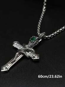 1pc Vintage Dark Edgy Snake Wrapped Cross Zirconia Inlaid Faux Diamond Distressed Copper Material Necklace, Retro Silver Color, Suitable For Daily Wear, Street, Hip-Hop Party, Gift - Antique Silver - View 8