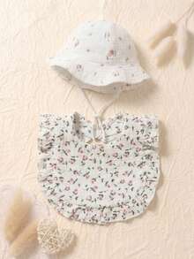 2pcs/Set Summer Floral Print Baby Bibs With Ruffle Trim & Soft Breathable Baby Sun Hat/Bucket Hat Set, Suitable For Daily Outdoor Use - Multicolor - View 4