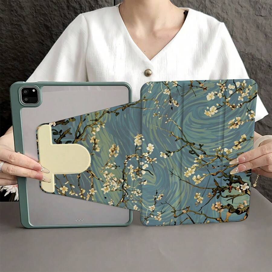 1 chiếc ốp lưng máy tính bảng hình hoa hạnh nhân xoay 360 độ, tự động bật/tắt màn hình, gập ba, có giá đỡ bảo vệ và ngăn đựng bút, tương thích với iPad, Galaxy Tab & Pad & Honor Pad, Pad & Pad - Nhiều màu - Xem 1
