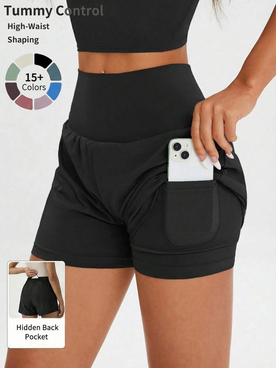 1 pieza Pantalones cortos deportivos de cintura alta y unicolor para mujer, shorts de yoga para entrenamiento de fitness, gimnasio, running y actividades al aire libre, primavera/verano, color negro - Negro - Ver 1