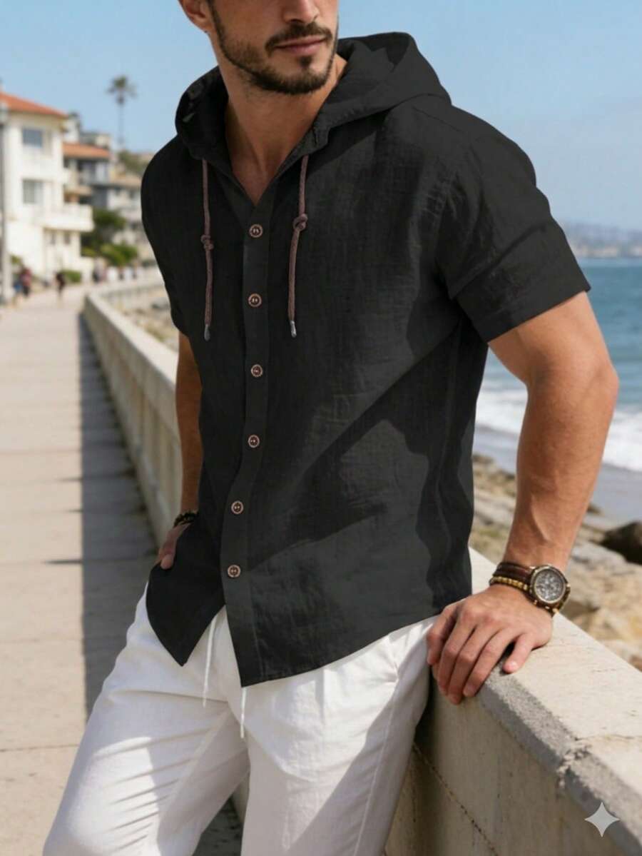 男士修身亞麻混紡鈕扣連帽襯衫 夏季度假風 - 黑色 - 查看 1