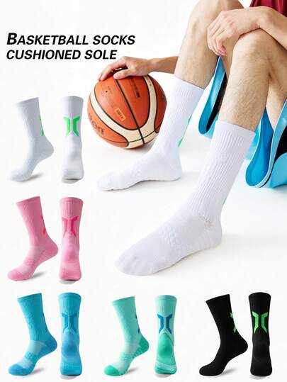 1Pair Men's High Quality Mid-Calf Basketball Socks, Thick Towel Bottom Breathable Compression Sports Socks, Anti-Slip Shock Absorption Athletic Socks 37-44