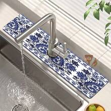1pc Blue And White Porcelain Pattern Faucet Mat, Polyester, Quick Drying, Easy To Clean, Suitable For Kitchen And Bathroom, Easy Installation, Daily Decor, Gift, Bathroom Mat, Faucet Mat, Faucet Accessory - Multicolor - View 6