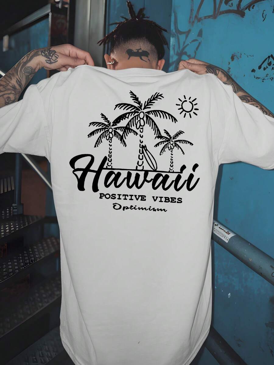 Hawaiian Men's Loose-Fit-Shirt - Light Beige Round Neck Short Sleeve, With Tropical Tree Pattern And Hawaiian Positive Energy Optimism Print On Back - Comfortable-Shirt Summer Casual Basketball, Gym, And Beach Wear, Large Size - 白色 - 查看 1