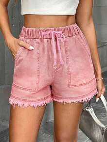 ARWY Solid Color Casual Loose Drawstring Women Denim Shorts, Suitable For Daily, Vacation, Beach, Travel, All Seasons, Back To School, Easter, Halloween, Christmas Summer - Baby Pink - View 4
