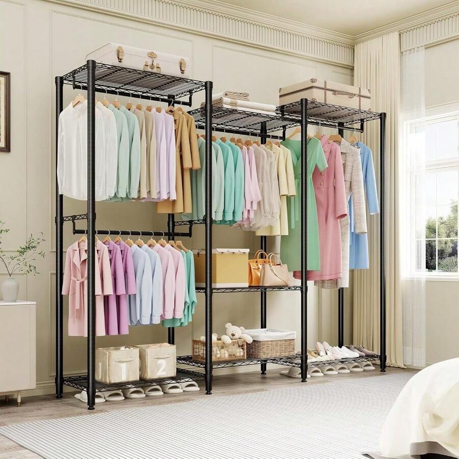 Perchero independiente de alta resistencia - Organizador de armario en forma de L de 5 niveles con estantes ajustables y barras para colgar - Almacenamiento portátil de ropa, capacidad máxima 1870 lbs, para dormitorio, vestidor, 217 cm de ancho x 44 cm de fondo x 179 cm de alto - negro - Ver 1